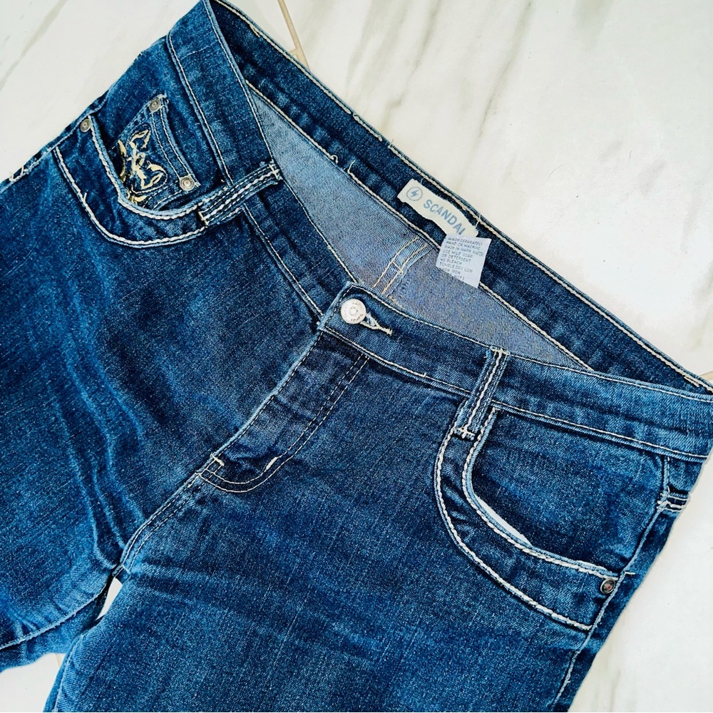 Scandal Y2K Embroidered Dark Wash Denim Jeans Stretch Size 15/16 Juniors - Picture 5 of 8